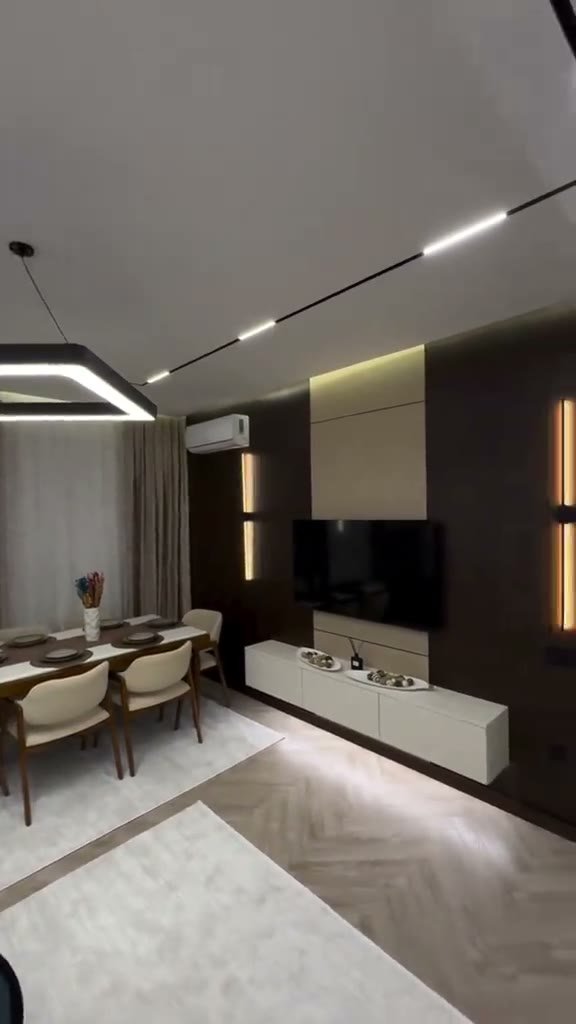 Open living and dining ceiling with linear LED profiles